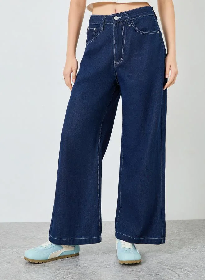 Women Dark Blue Wash Wide Leg Jeans